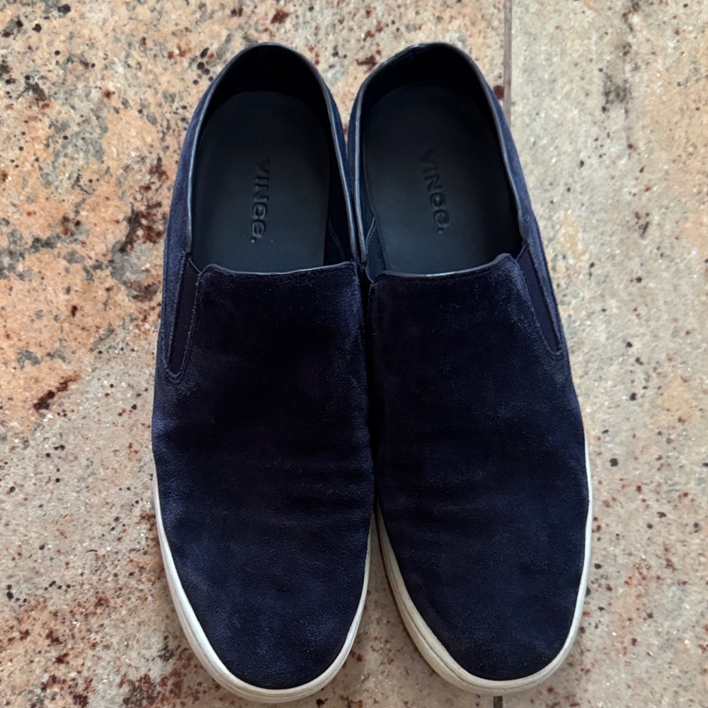 Vince Navy Suede Slip-On Loafers with White Sole